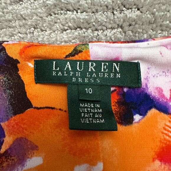 LRL Lauren Ralph Lauren Dress Womens 10 Orange Purple Floral Ruched Cowl Neck - Picture 5 of 10